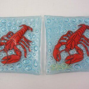Pair Handcrafted Fused Glass Dishes/Trinket Trays Lobster Design Made in Ecuador